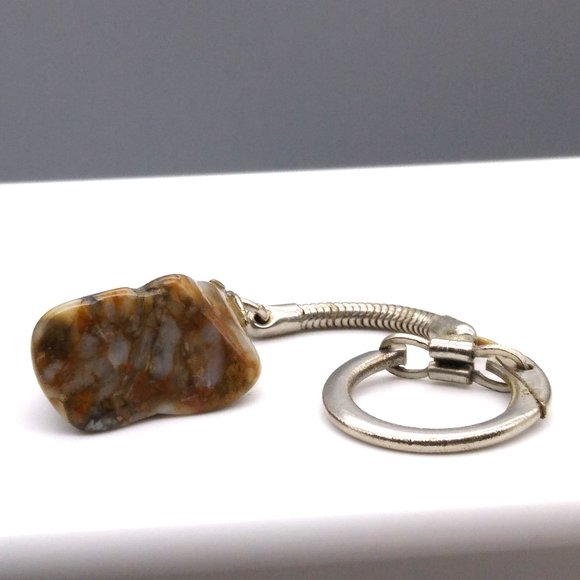 Vintage Polished Stone Keychain, Brown Tumbled Natural Rock with Silver Tone - Picture 2 of 3